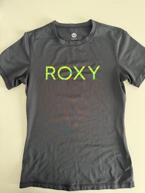 Roxy Black Tee with Neon Green & Yellow Logo swim shirt/ rash guard Size XS